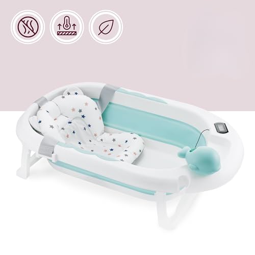 Moby-System Foldable Baby Bathtub with Insert, LCD Thermometer & Frame - Secure Hold from Birth, Ergonomic