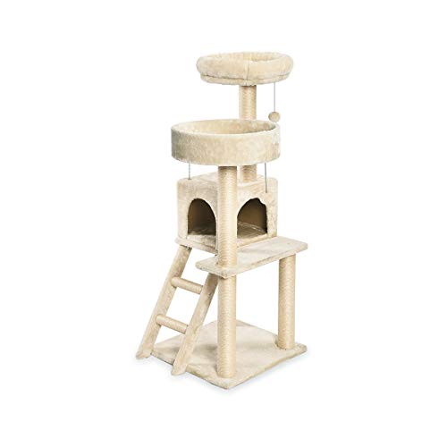 Großer Katzenkratzbaum mit zwei Plattformen und Häuschen, mehrstöckig, beige