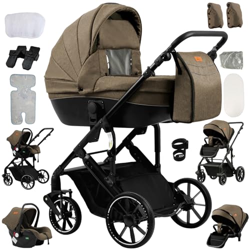 Reenborn 3-in-1 Pushchair, Buggy with Two Reversible Sliding Modes, Pushchair with Frame Aluminium Alloy, Baby Pram, 3-in-1 Complete Set with One-Click Folding Design