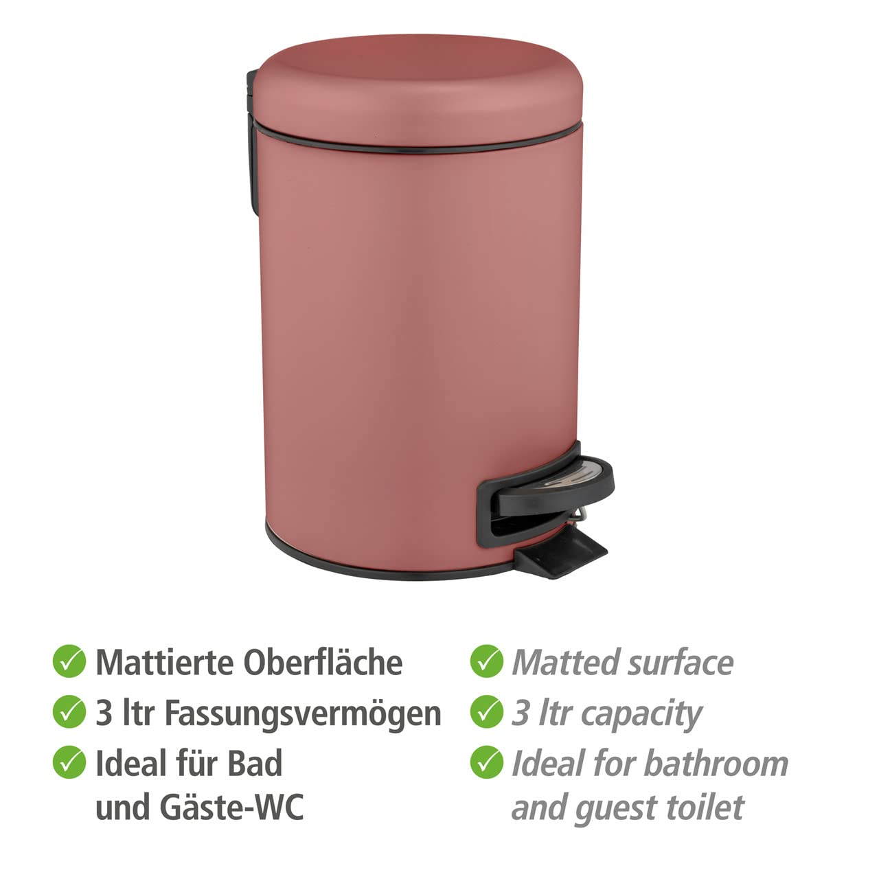 WENKO Leman Cosmetic Pedal Bin Matte Gold 3 L – Cosmetic Bin, Rubbish Bin with Anti-Fingerprint Capacity: 3 litres, stainless steel, 17 x 25 x 22.5 cm, gold