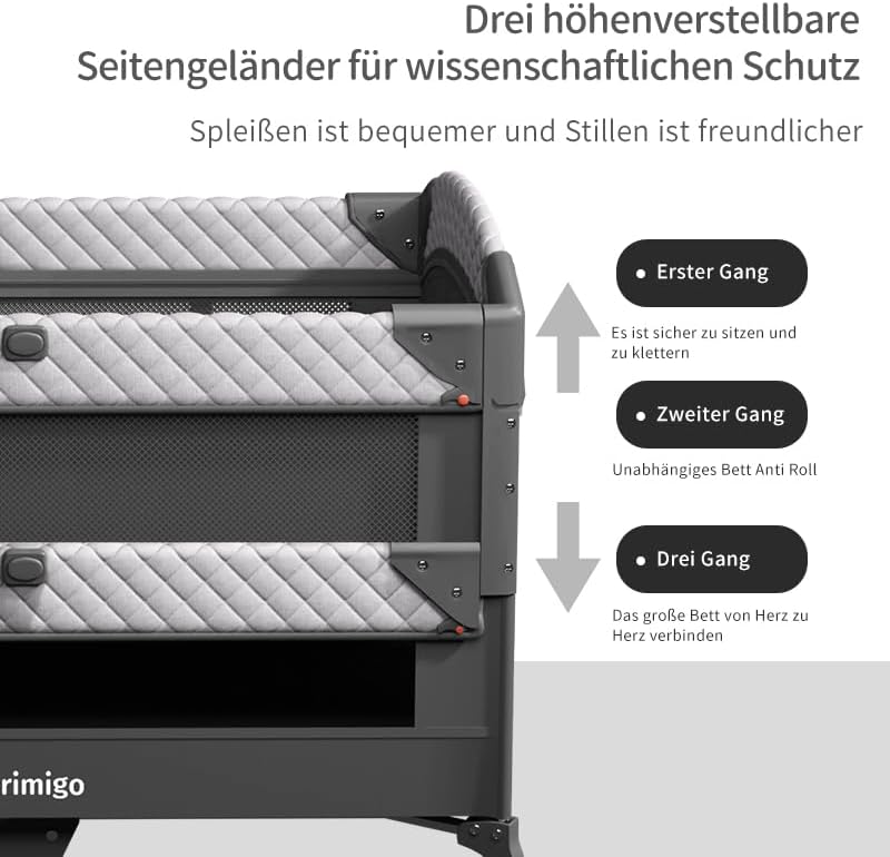 Trimigo 4-in-1 Baby Cot, Travel Cot, Height Adjustable, Children's Travel Cot & Side Cot, 120 x 70 cm
