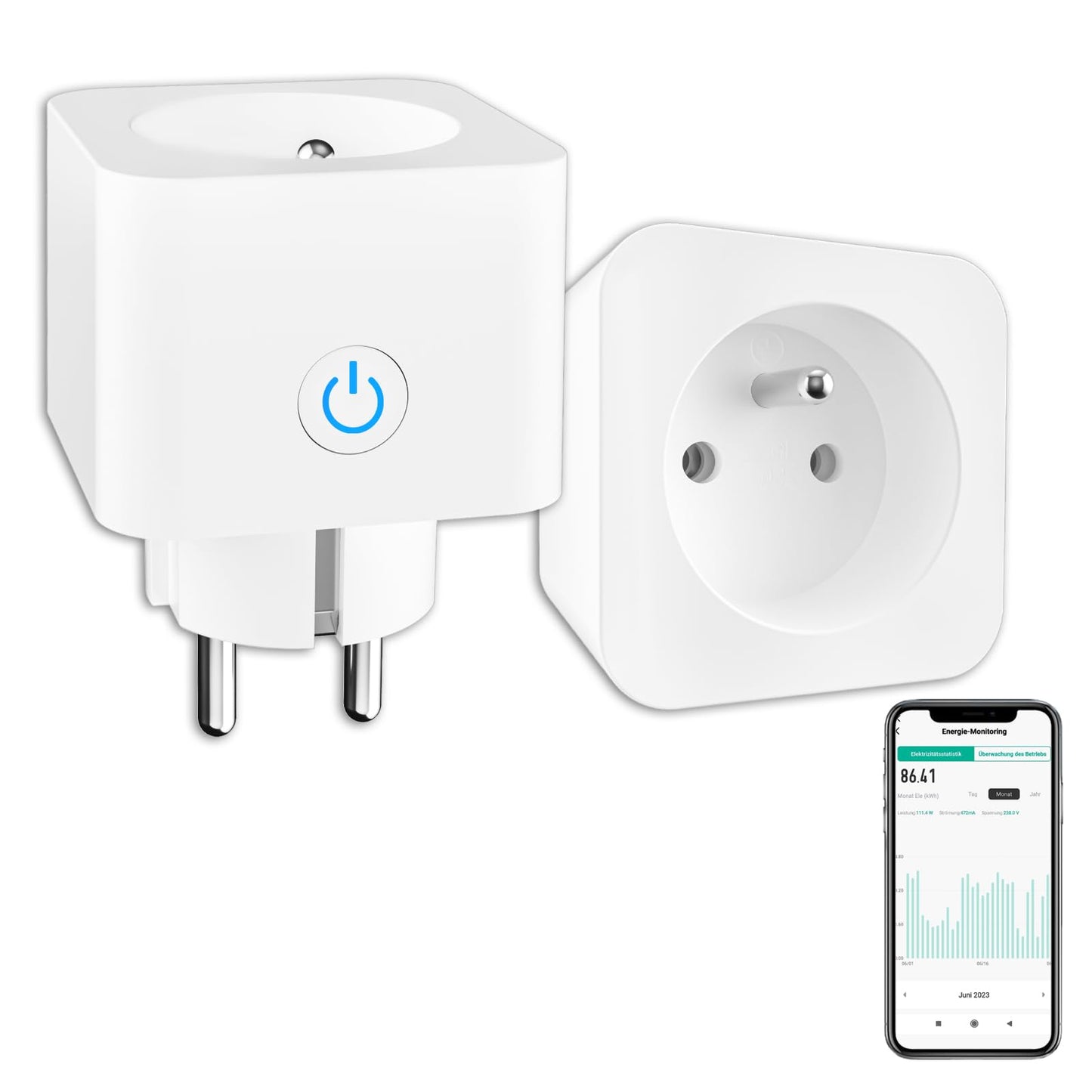 WLAN Smart Steckdose 16A Stromverbrauch Messen kompatibel mit Alexa/Google Home, Kinderschutz, Smart Life