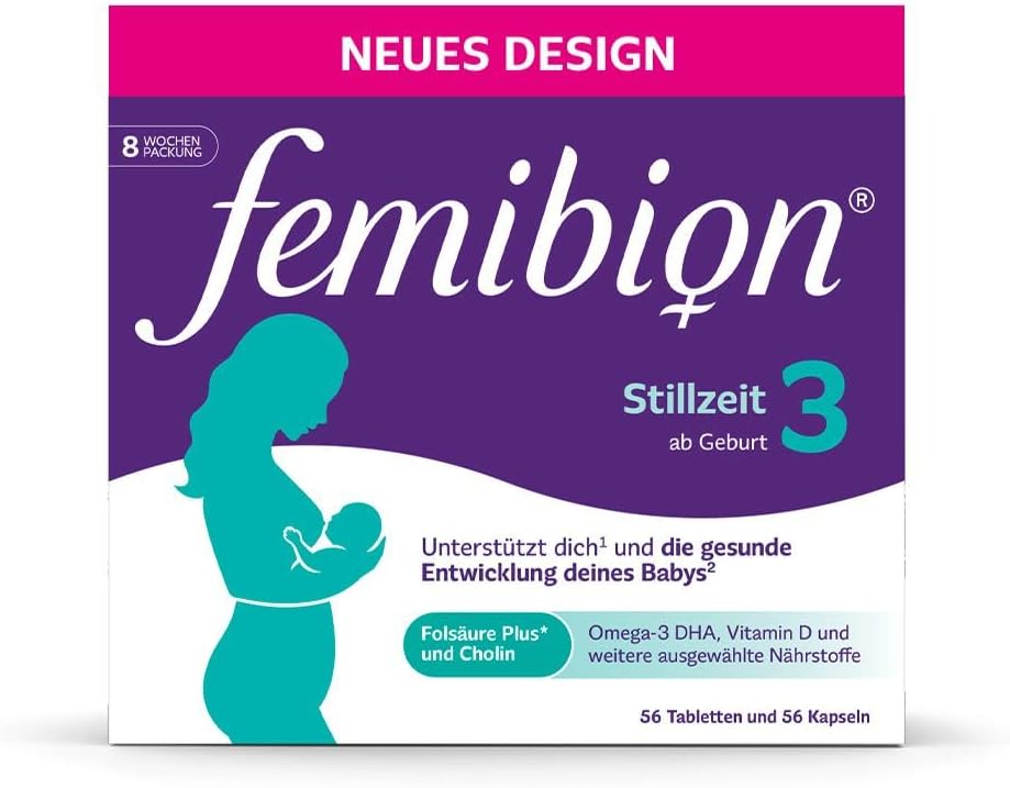 Femibion 3 Stillzeit, Tägliches Nahrungsergänzung für die Laktation, Mit Cholin, DHA, Folsäure, Metafolin, 8-Wochen-Pack, 2 x 56 Stück
