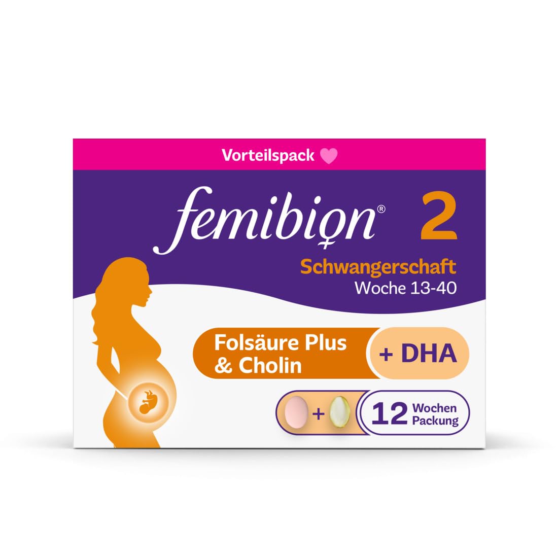 Femibion 2 Grossesse, complément alimentaire quotidien pour femmes de 13 à 40 ans, avec acide folique plus (*3), choline, DHA, pack de 4 semaines, 2 x 28 pièces
