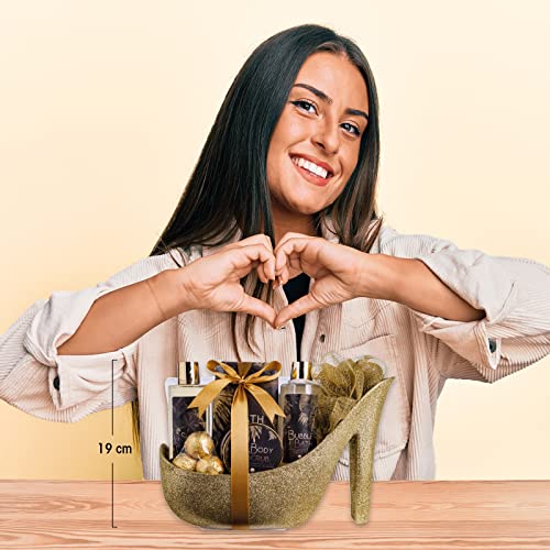 Accentra Luxury Bath Set Gift Set in Beautiful Golden Glitter Pumps, 9-Piece Luxury Beauty Set Shower Set - for a Relaxed Spa Experience
