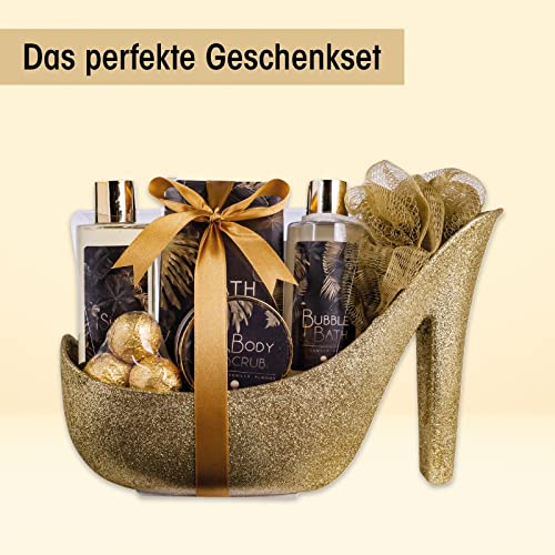 Accentra Luxury Bath Set Gift Set in Beautiful Golden Glitter Pumps, 9-Piece Luxury Beauty Set Shower Set - for a Relaxed Spa Experience