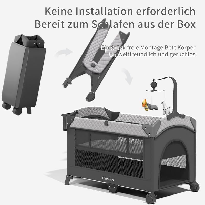 Trimigo 4-in-1 Baby Cot, Travel Cot, Height Adjustable, Children's Travel Cot & Side Cot, 120 x 70 cm