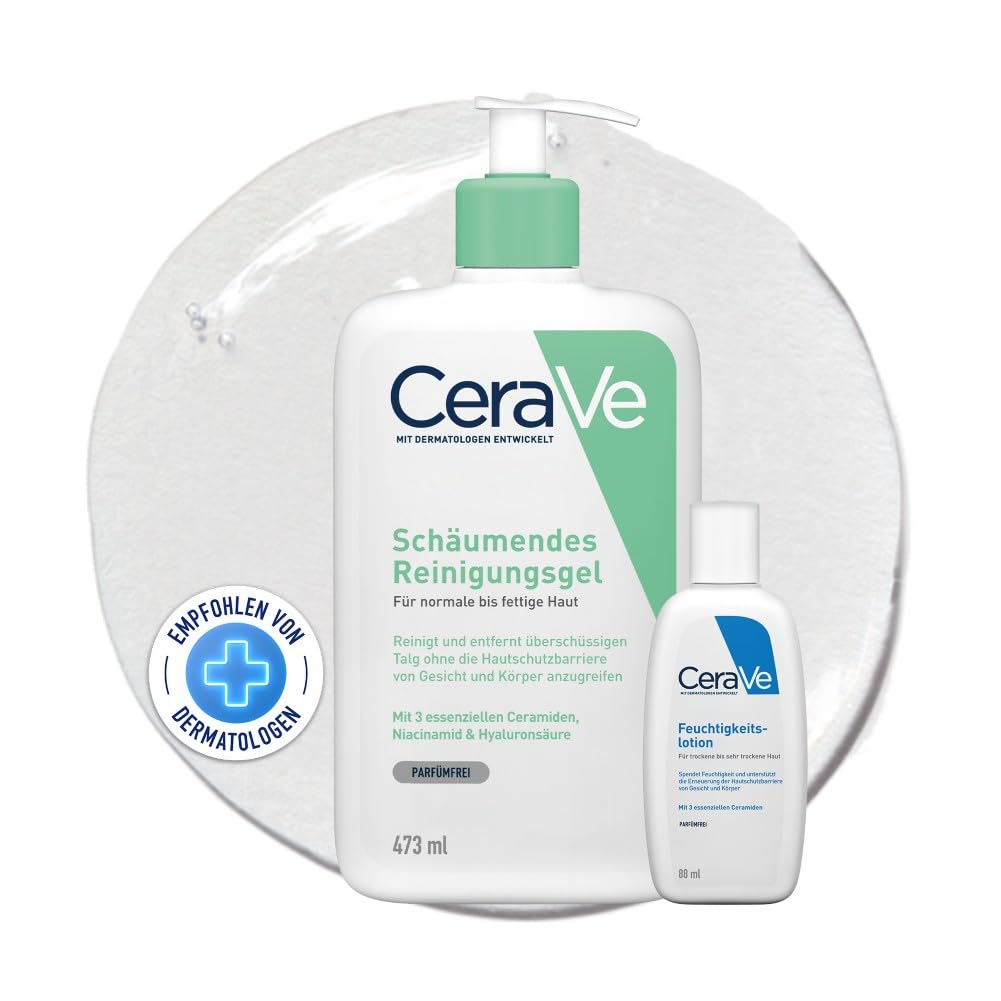 CeraVe Schäumendes Reinigungsgel und Feuchtigkeitslotion, Mit Hyaluronsäure, Für Gesicht und Körper, Ohne Duftstoffe, Auch bei Neurodermitis und Allergien, 473 ml + 88 ml