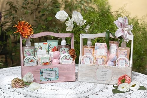 Accentra – Duschset Frauen Geschenkset im Holzkorb – 8-teiliges Pflegeset mit Duschgel, Bodylotion, Badezusätzen, Peeling & Handcreme – Wellness Geschenk Set