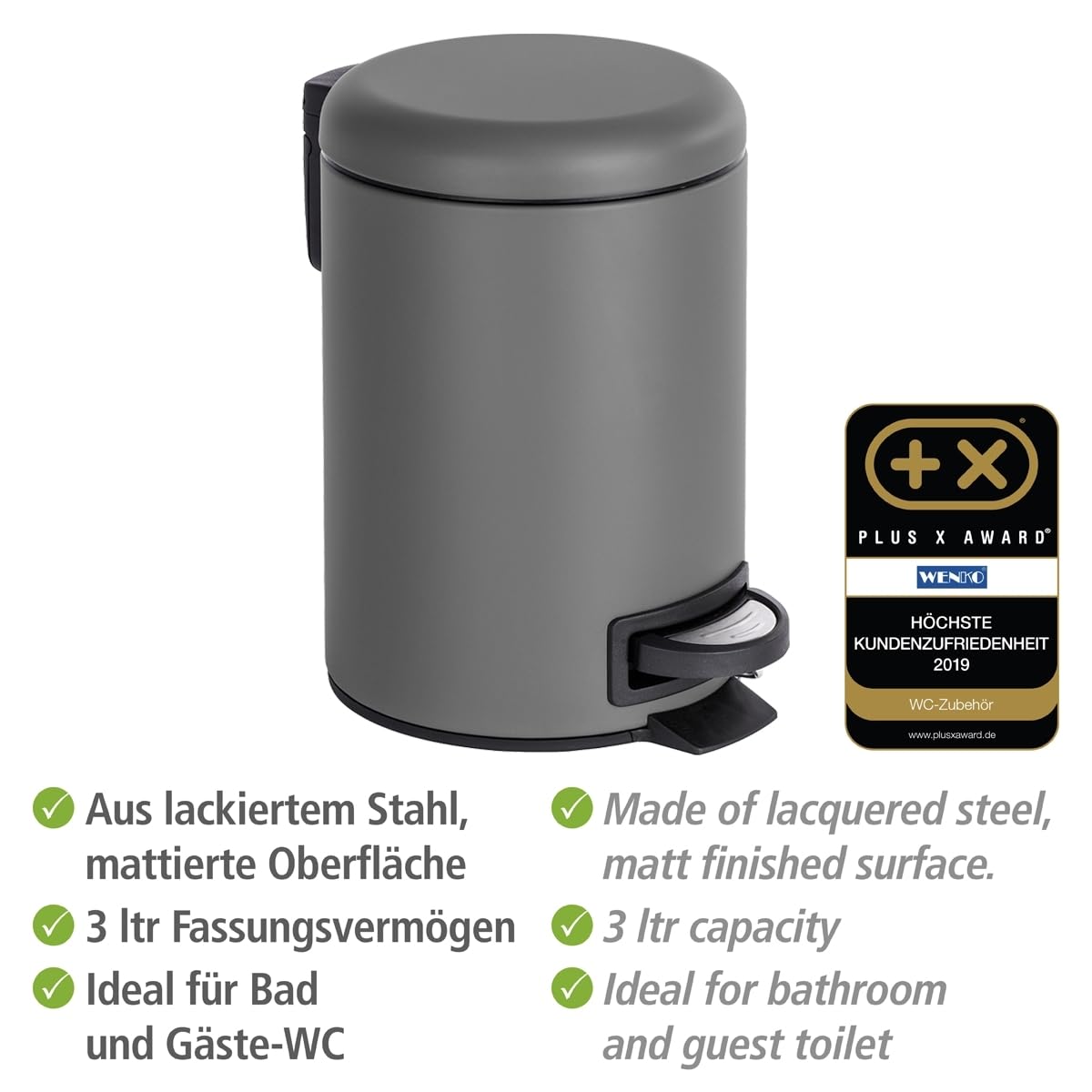 WENKO Leman Cosmetic Pedal Bin Matte Gold 3 L – Cosmetic Bin, Rubbish Bin with Anti-Fingerprint Capacity: 3 litres, stainless steel, 17 x 25 x 22.5 cm, gold