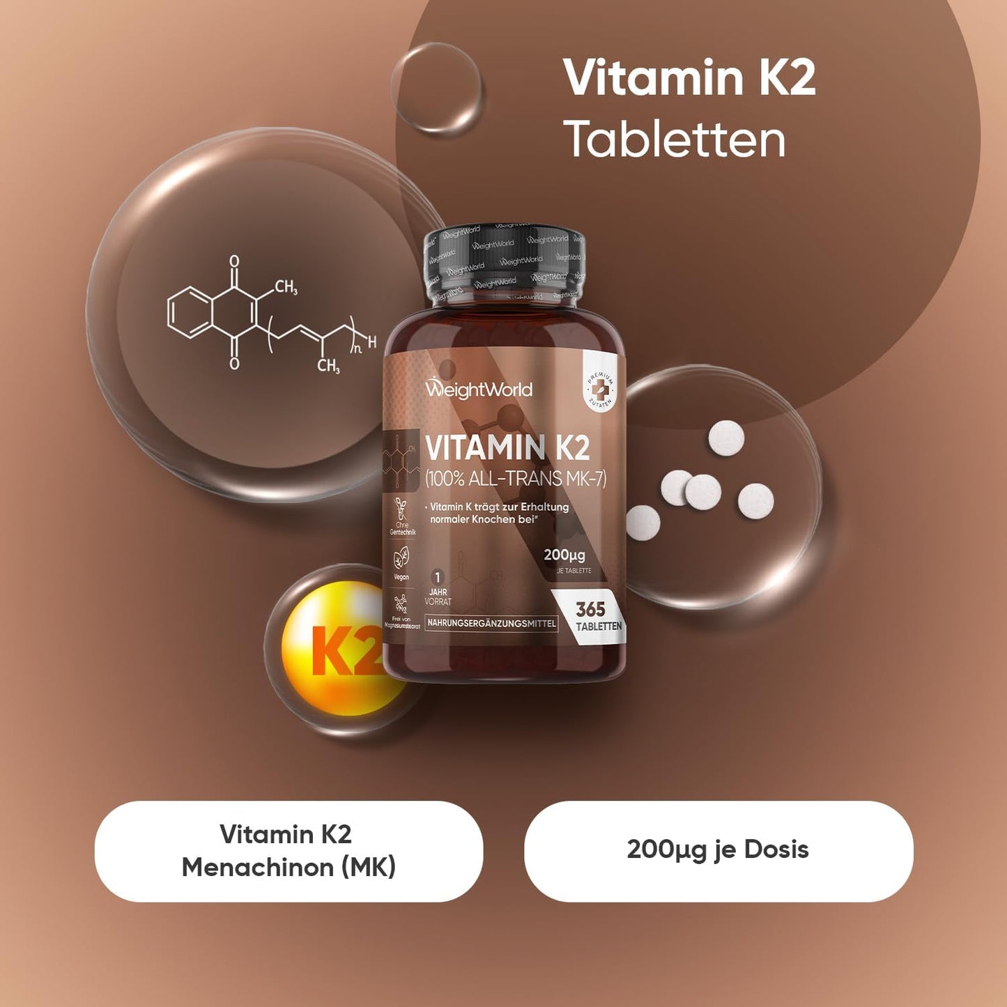 Vitamin K2 MK7-365 Vegan Tablets - 200 µg per Dose - 100% All-Trans Menachinone - 1 Year Supply