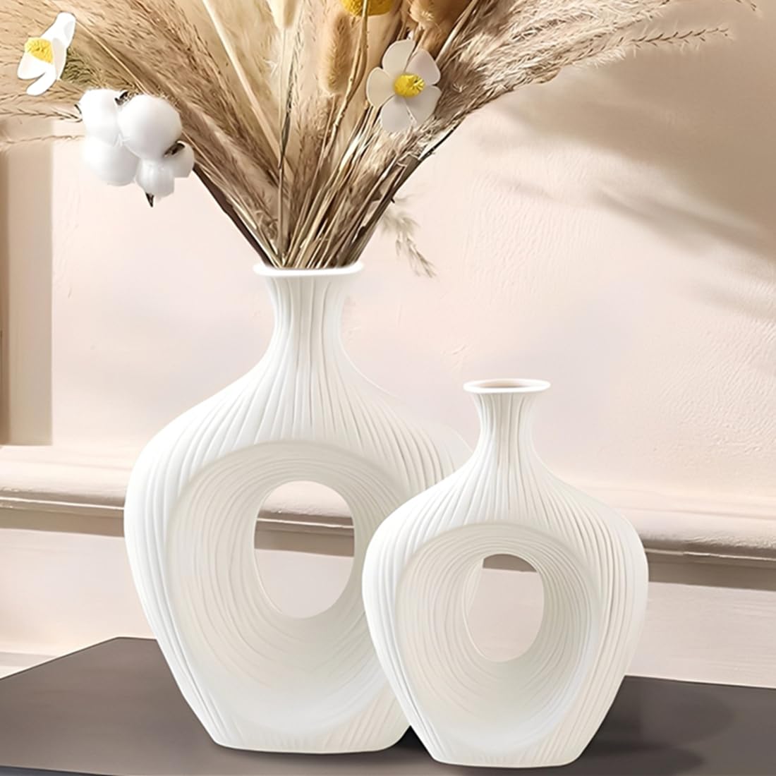 Keramik Vase Weiß Matt Rund Deko Vasen Set 2er Moderne Boho Blumenvase für tulpen pampasgras passend für Wohnzimmer Schlafzimmer Büro