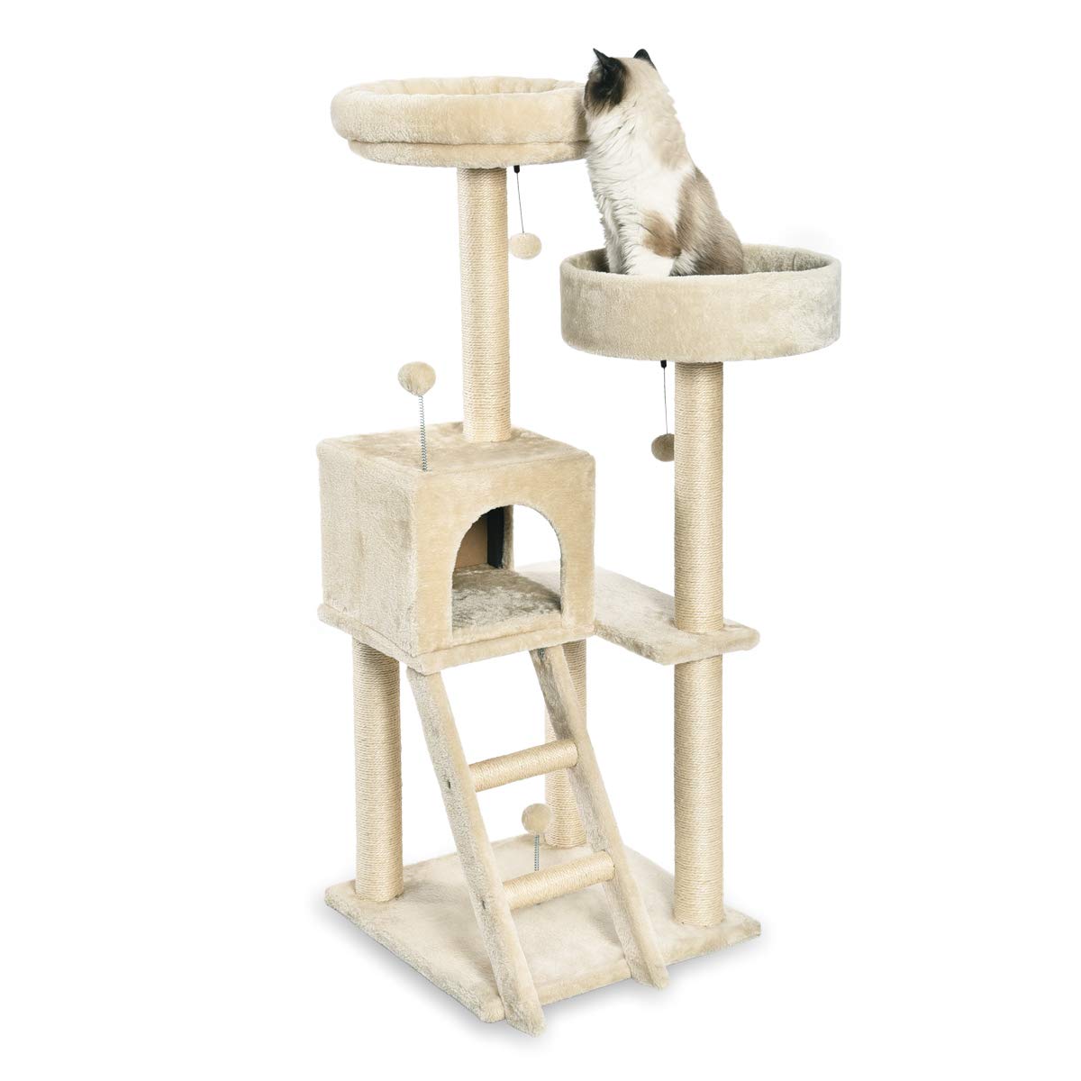 Großer Katzenkratzbaum mit zwei Plattformen und Häuschen, mehrstöckig, beige