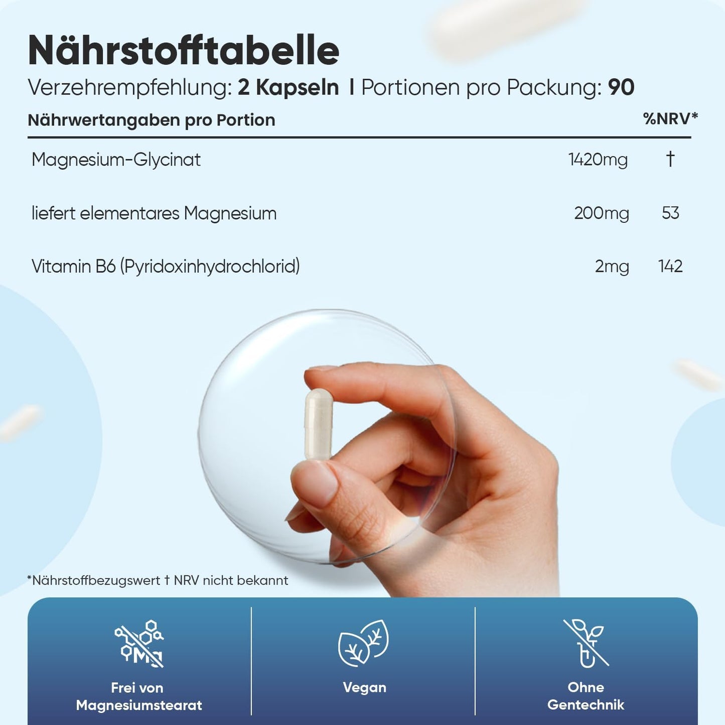 Magnesium Bisglycinat Kapseln - 1420mg Magnesiumbisglycinat mit Vitamin B6-200mg elementes Magnesium - Glycinat Form - 180 vegane Kapseln - 3 Monate Vorrat - Alternative zu Pulver