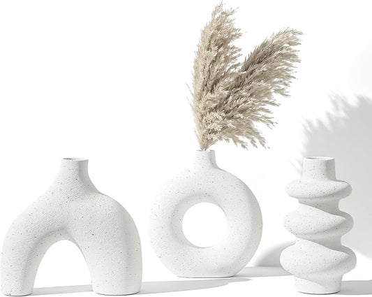 Vankarr Weiße Keramikvase Satz von 3, kleine Trockenblumen Vasen für Pampasgras, handgemachte Vase,Moderne Boho Vasen für Wohnungsdeko Hochzeit Dekor