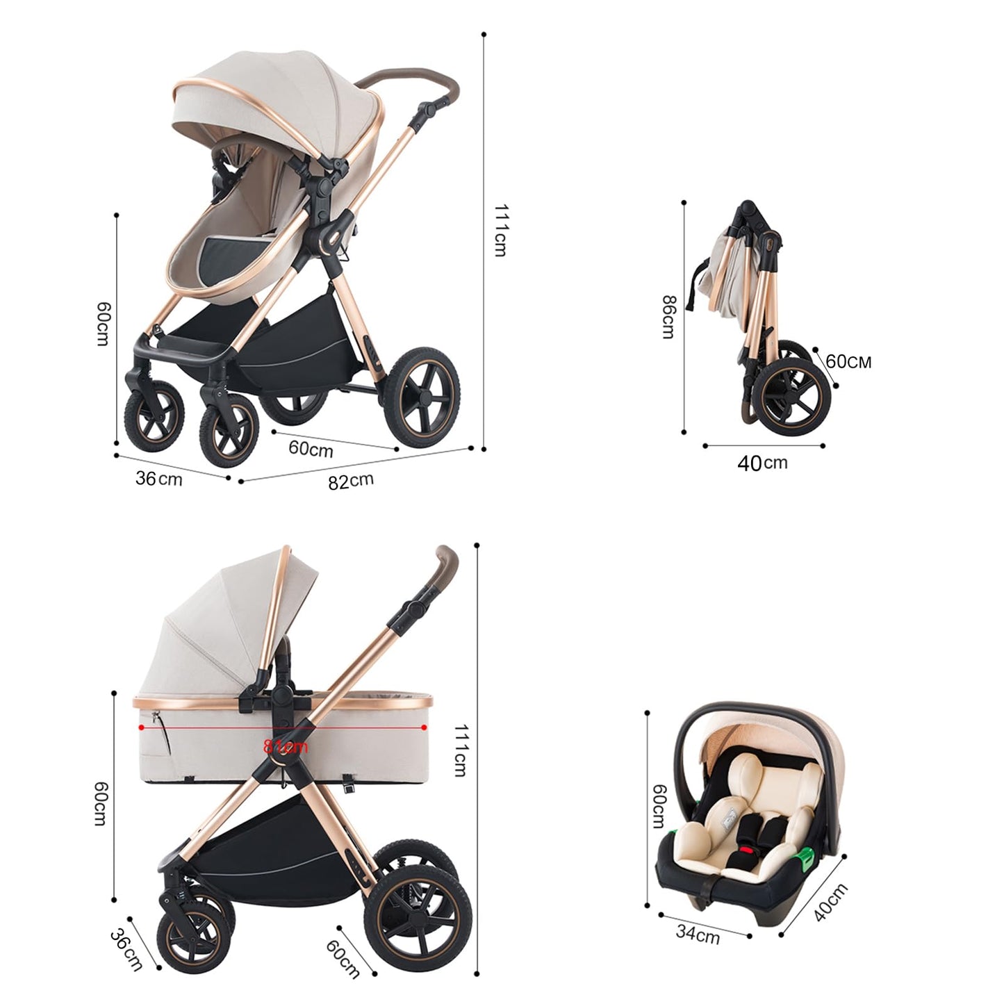 Shineey 3-in-1 Pushchair, Buggy, Foldable Pushchair Set, Combination Pushchair 3-in-1 with Large Comfortable Baby Carrycot Frame, Aluminium Alloy