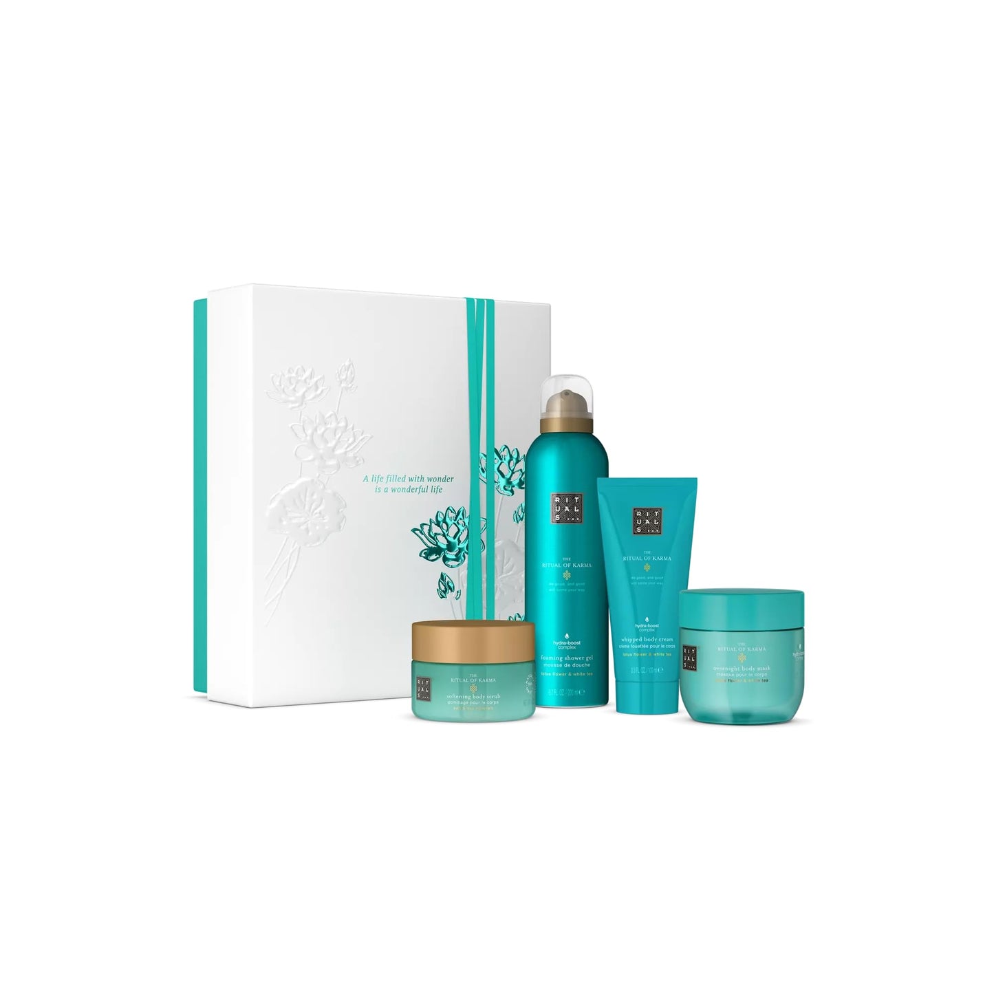 RITUALS Geschenkset The Ritual of Karma Medium, vier Hautpflegeprodukte mit Lotusblüte und Weißem Tee – Bade-Geschenkbox mit pflegender und beruhigender Wirkung
