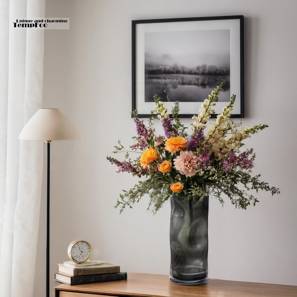 Black Grey Vase, Flower Vase, Large Tall Glass Vases for Decoration, Aesthetic, Large Glass Vase with Ribbed Texture, Modern Living Room, Black Art Decoration