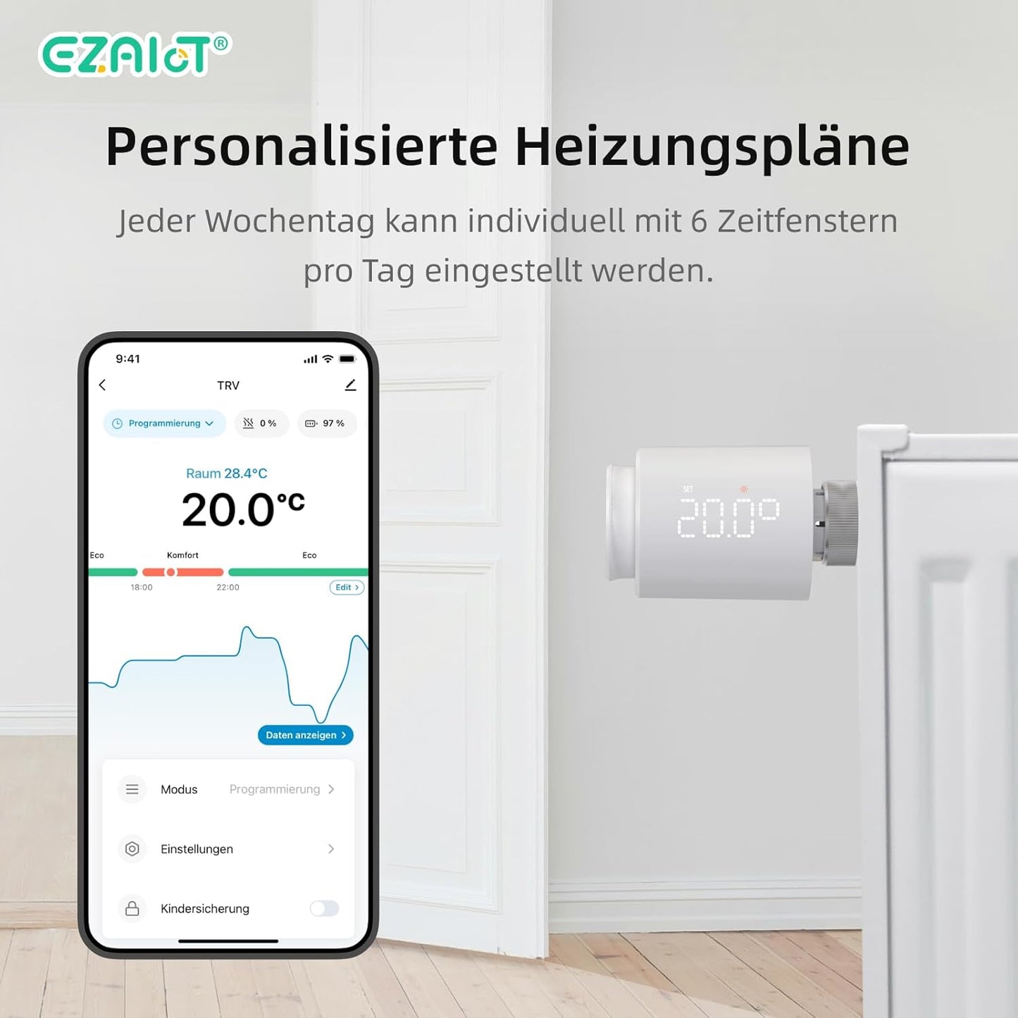 Smart Heizkörperthermostat WLAN – Programmierbares Heizkörperventil mit Tuya-Fernbedienung, Temperatursensor und App-Steuerung für optimale Heizungsregelung