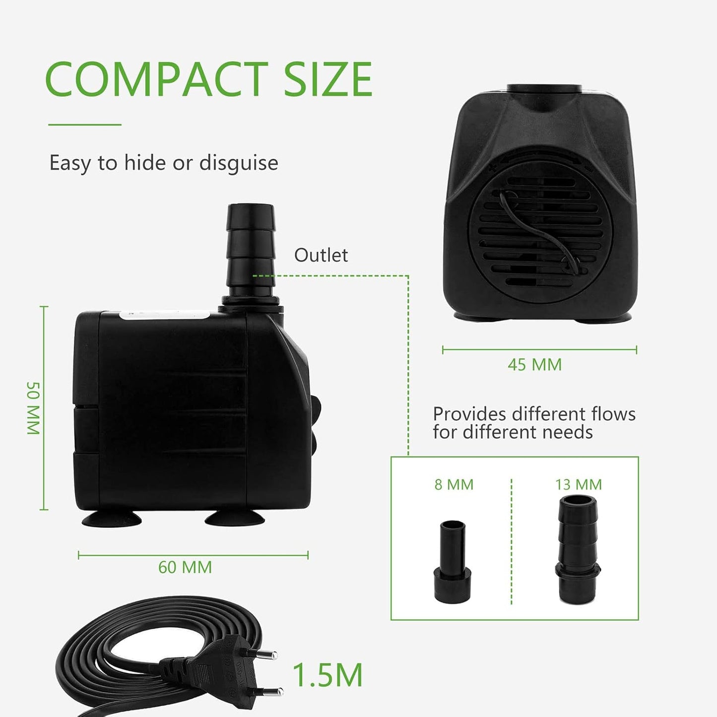 Mini Wasserpumpen, Ultra Leise Aquarium pumpe mit hohem Hub, 2 Düsen für Aquarien