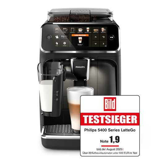 Philips Series 5400 Kaffeevollautomat – LatteGo Milchsystem, 12 Kaffeespezialitäten, Intuitives Display, 4 Benutzerprofile