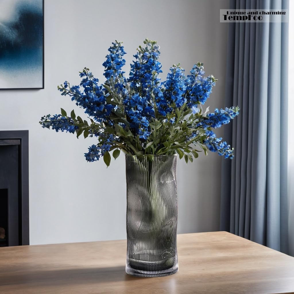 Black Grey Vase, Flower Vase, Large Tall Glass Vases for Decoration, Aesthetic, Large Glass Vase with Ribbed Texture, Modern Living Room, Black Art Decoration