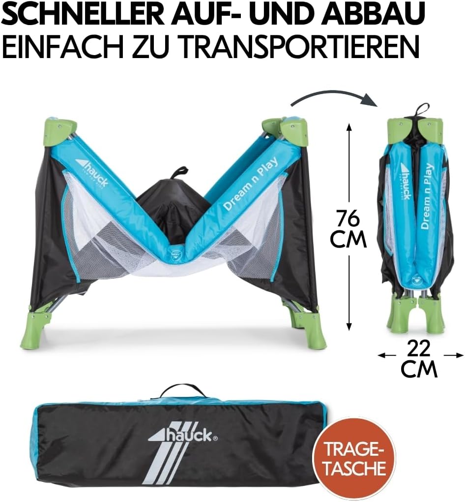 hauck Dream n Play Baby Travel Cot Set with Mattress - Foldable Children's Baby Travel Cot with Bag - Blue Water Blue