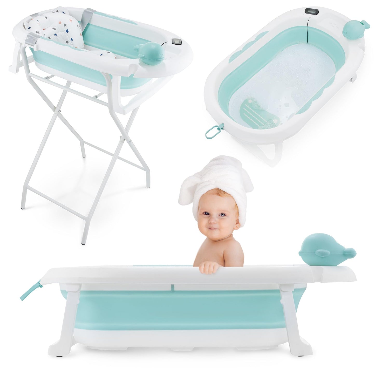 Moby-System Foldable Baby Bathtub with Insert, LCD Thermometer & Frame - Secure Hold from Birth, Ergonomic