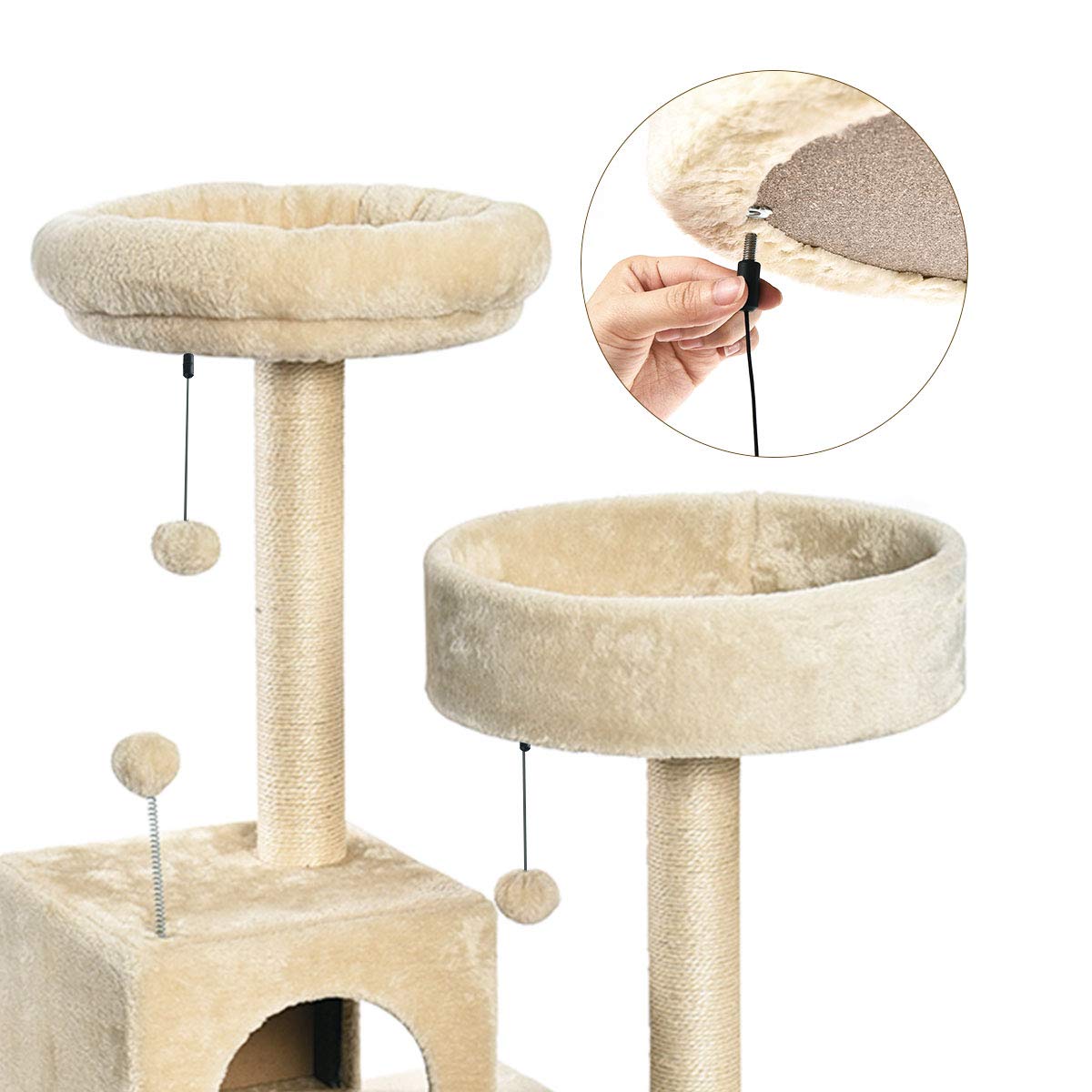 Großer Katzenkratzbaum mit zwei Plattformen und Häuschen, mehrstöckig, beige