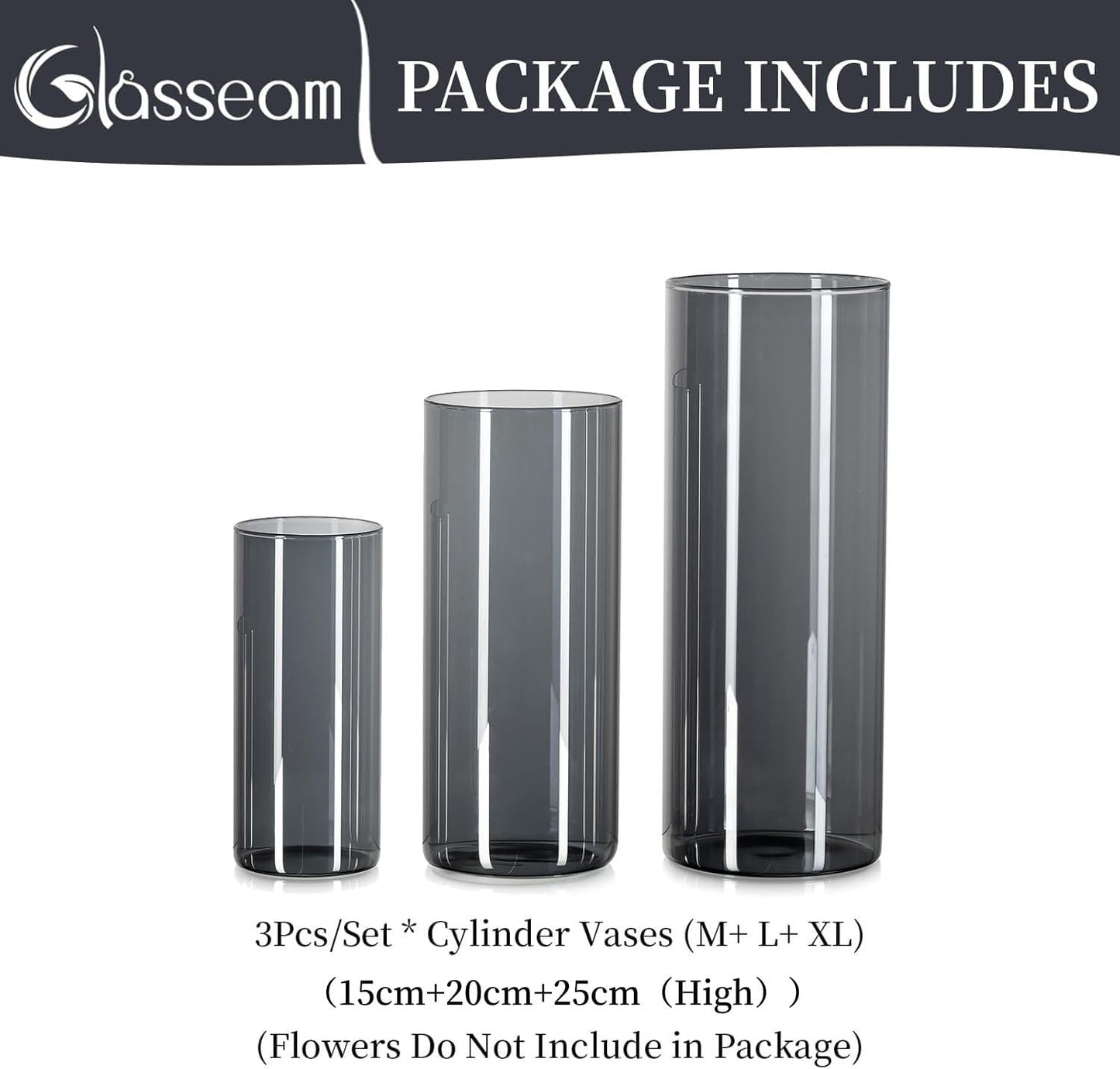 Glasseam Glass Vase Cylinder Vase Grey: Set of 3 Glass Vases Set for Living Room Decorative Glass Cylinder Lantern - Round Flower Vase Modern Glass Vases for Table Decoration Tulips Pampas Grass