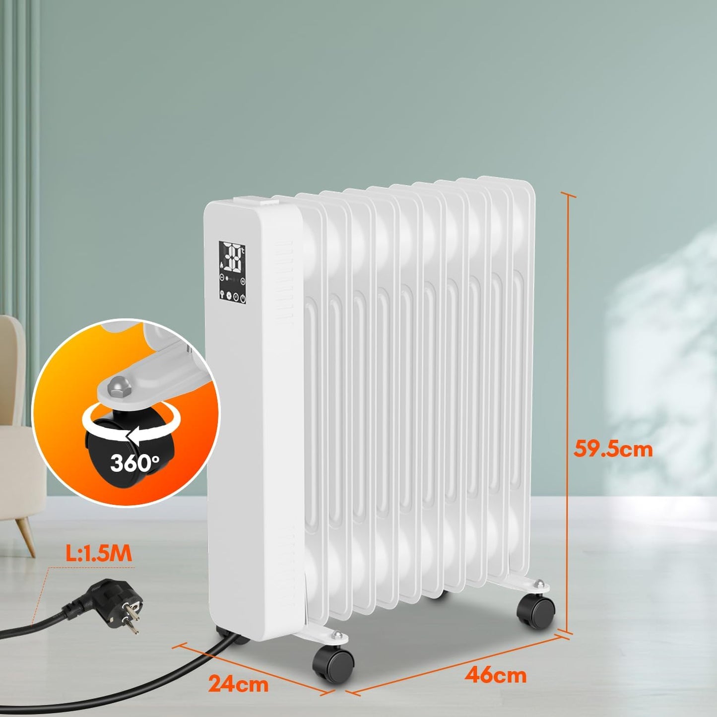 Heizung Fiqops Oil Radiator 2500 W, Energy Saving with 11 Ribs 3 Heat Settings, Thermostat, WiFi App & Remote Control, Digital Display