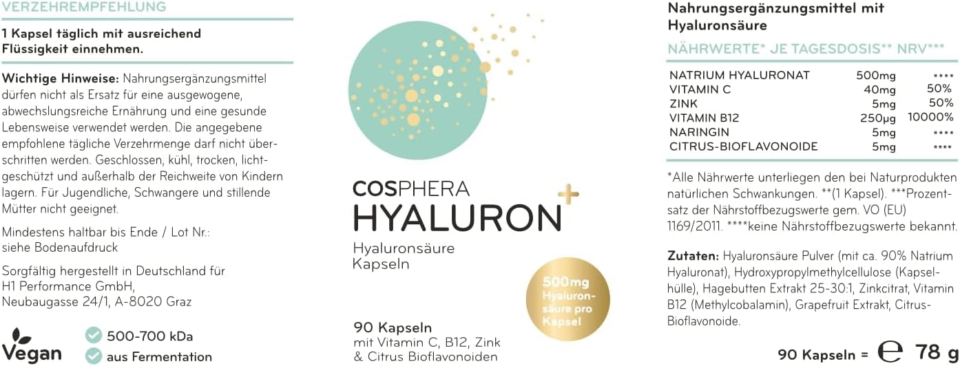Hyaluronsäure Kapseln hochdosiert mit 500 mg pro Kapsel - 90 vegane Hyaluron Kapseln im 3 Monatsvorrat - 500-700 kDa I Angereichert mit Zink als Beitrag zum Erhalt normaler Haut und Knochen.