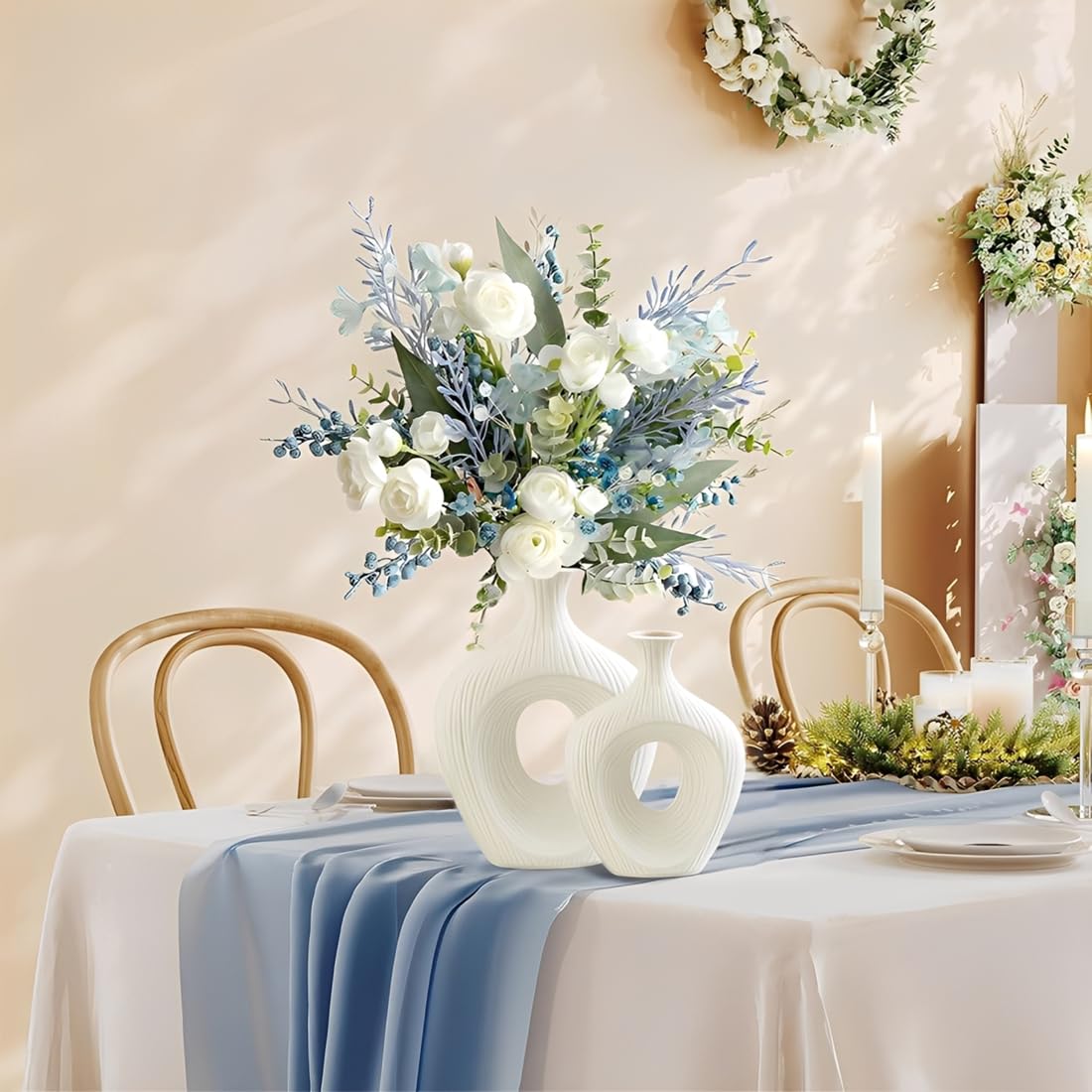 Keramik Vase Weiß Matt Rund Deko Vasen Set 2er Moderne Boho Blumenvase für tulpen pampasgras passend für Wohnzimmer Schlafzimmer Büro