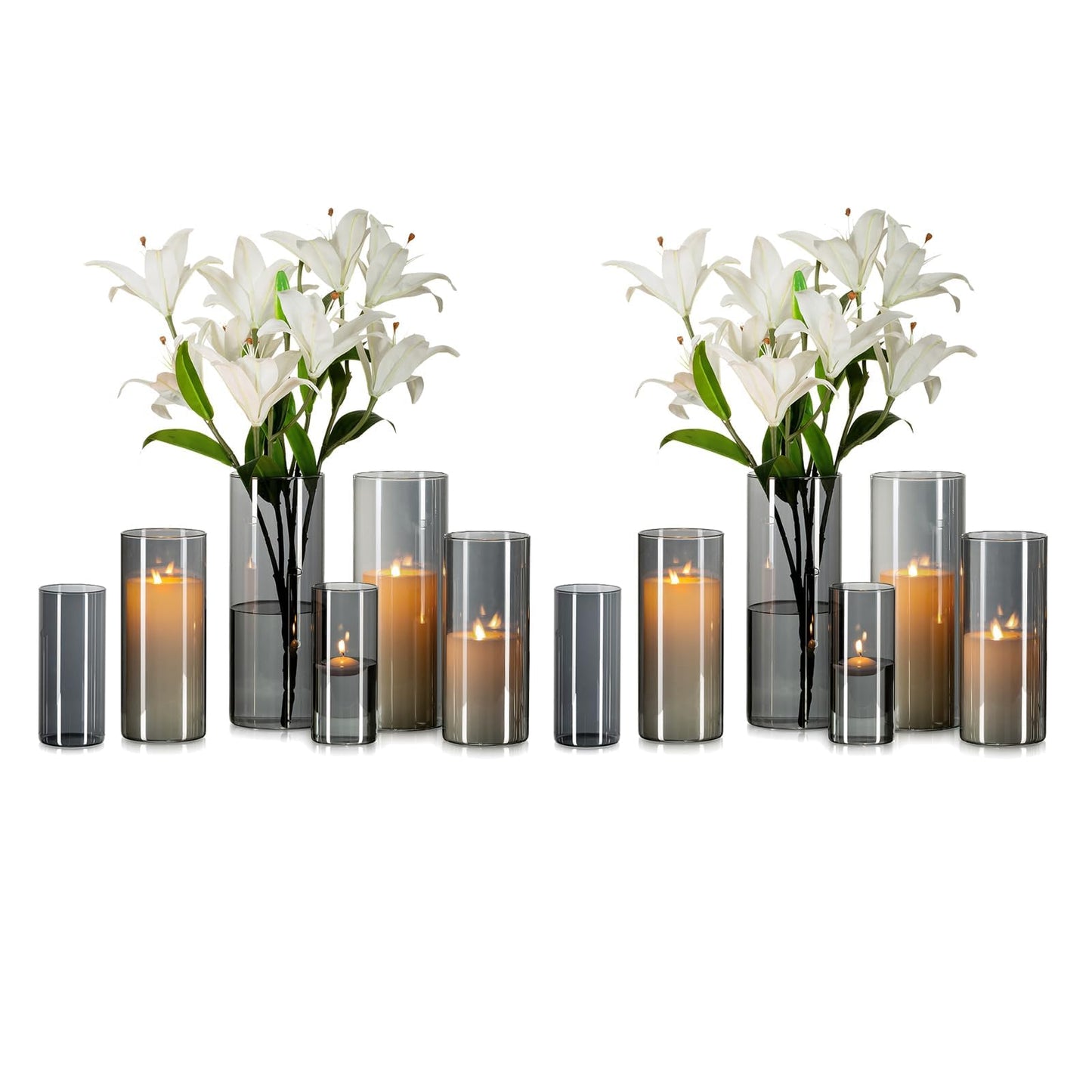Glasseam Glass Vase Cylinder Vase Grey: Set of 3 Glass Vases Set for Living Room Decorative Glass Cylinder Lantern - Round Flower Vase Modern Glass Vases for Table Decoration Tulips Pampas Grass