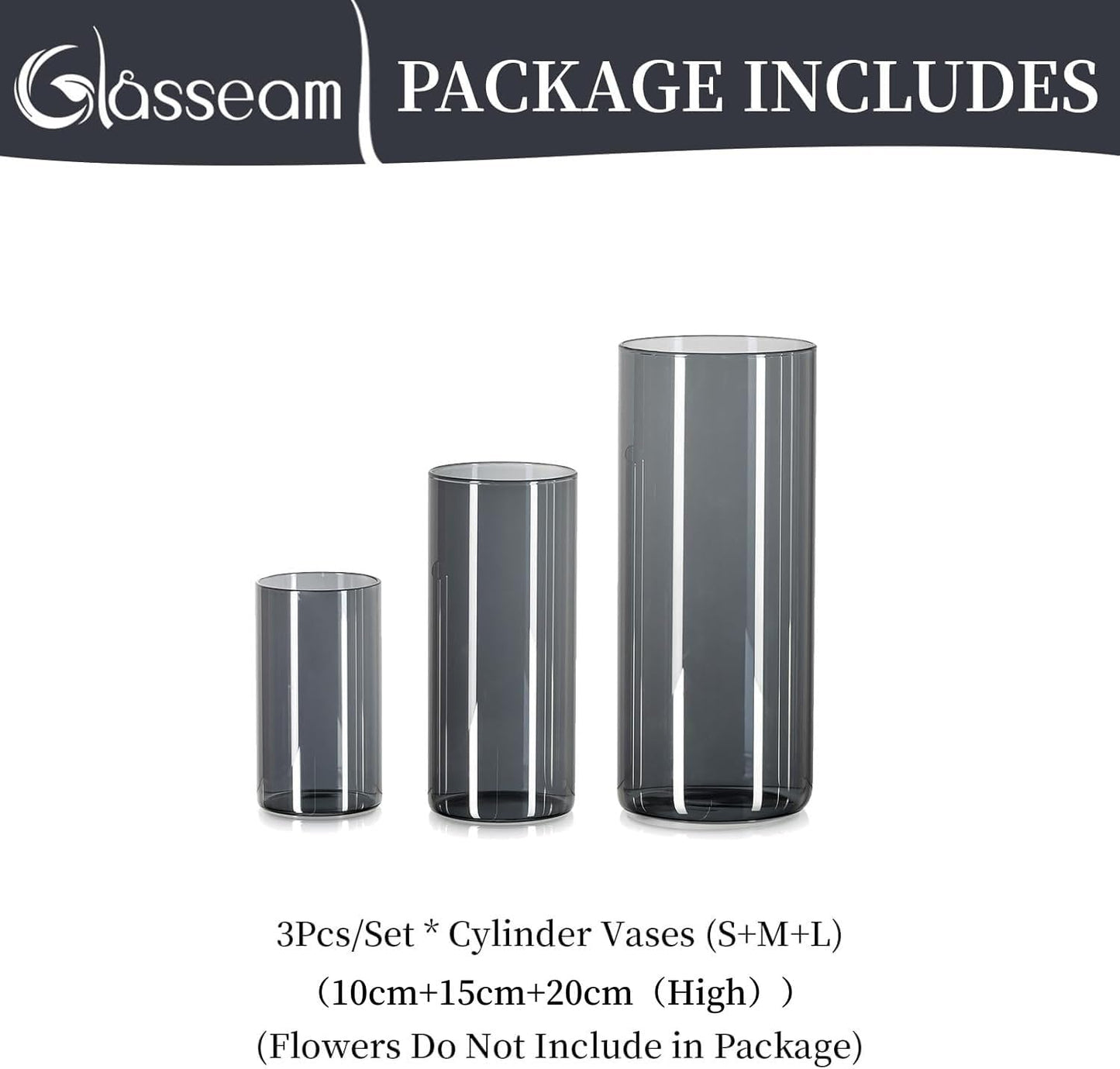 Glasseam Glass Vase Cylinder Vase Grey: Set of 3 Glass Vases Set for Living Room Decorative Glass Cylinder Lantern - Round Flower Vase Modern Glass Vases for Table Decoration Tulips Pampas Grass