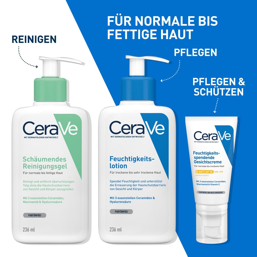 CeraVe Schäumendes Reinigungsgel und Feuchtigkeitslotion, Mit Hyaluronsäure, Für Gesicht und Körper, Ohne Duftstoffe, Auch bei Neurodermitis und Allergien, 473 ml + 88 ml