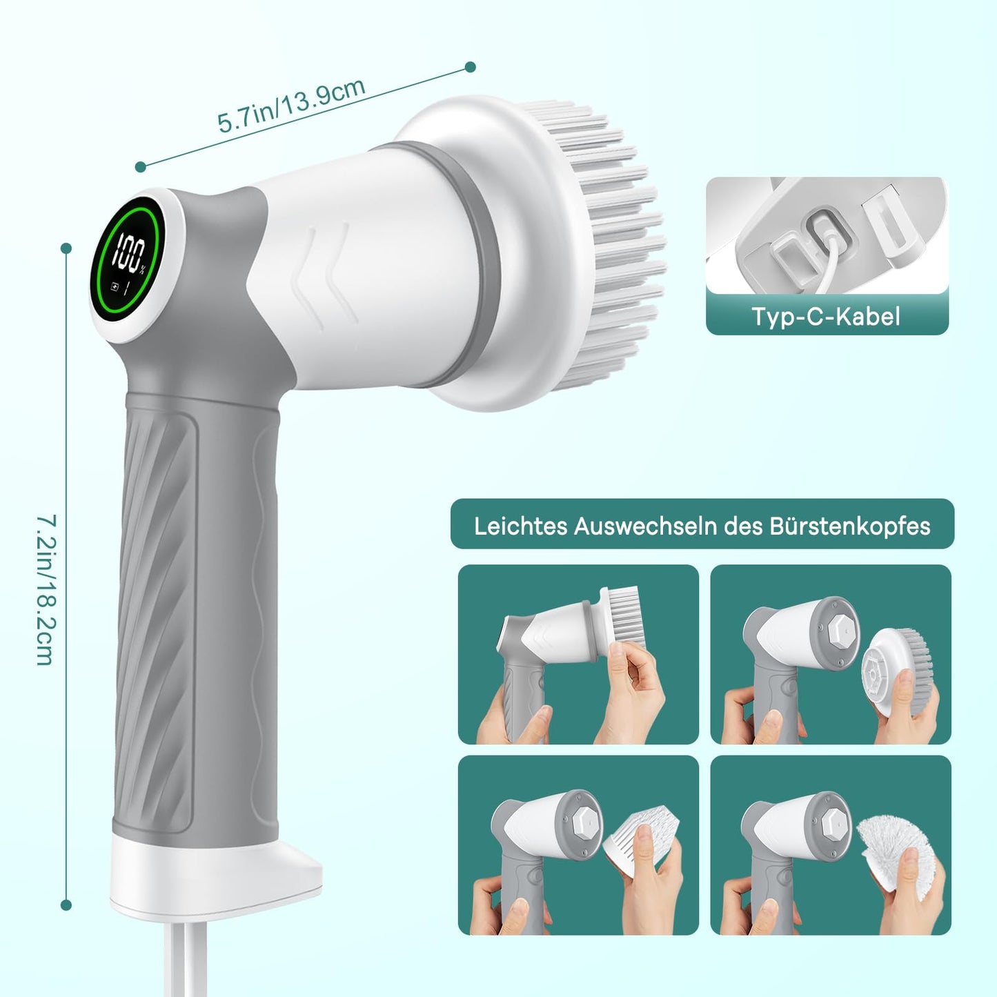 Elektrische Reinigungsbürste, Kabellos Power Spin Scrubber mit 7 Bürstenköpfen, 2 Speed Integrierte übertragung, Cleaning Brush für Fliesen, Duschen, Glas, Bad