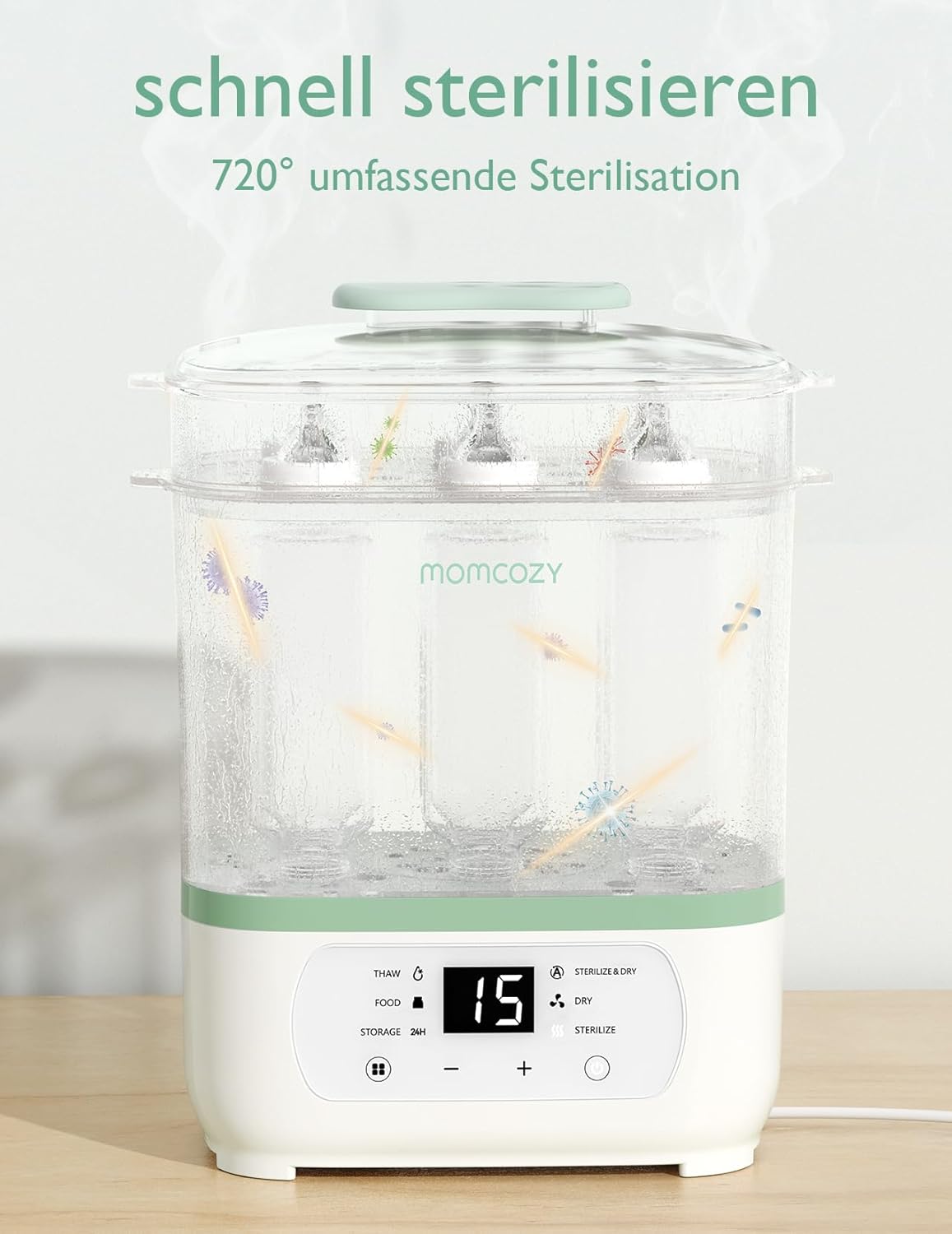 Momcozy Electric 3-in-1 Steriliser for Baby Bottles with Dryer Function - Sterilised, Dries & Heats, 8 Bottles Capacity, 24h Germ Protection, Multifunctional for Baby Accessories