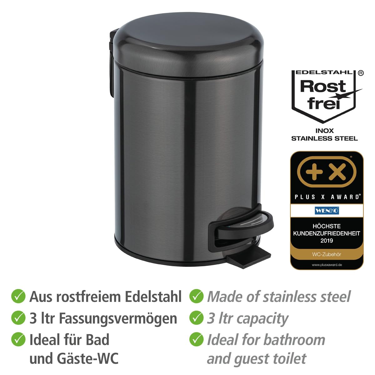 WENKO Leman Cosmetic Pedal Bin Matte Gold 3 L – Cosmetic Bin, Rubbish Bin with Anti-Fingerprint Capacity: 3 litres, stainless steel, 17 x 25 x 22.5 cm, gold