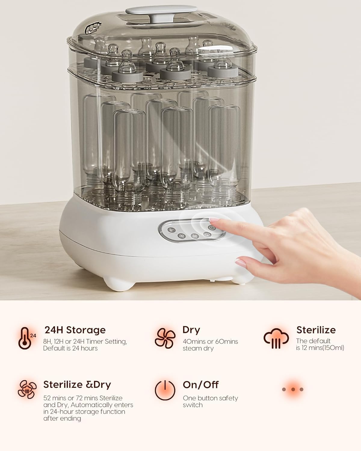 Babyflaschen Sterilisator und Trockner, Elektrischer Dampfsterilisator, größere Kapazität für 9 Flaschen