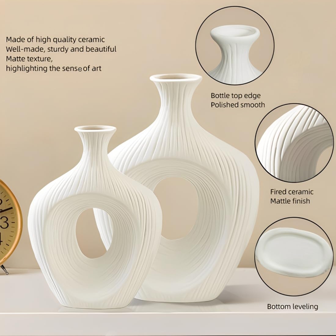 Keramik Vase Weiß Matt Rund Deko Vasen Set 2er Moderne Boho Blumenvase für tulpen pampasgras passend für Wohnzimmer Schlafzimmer Büro