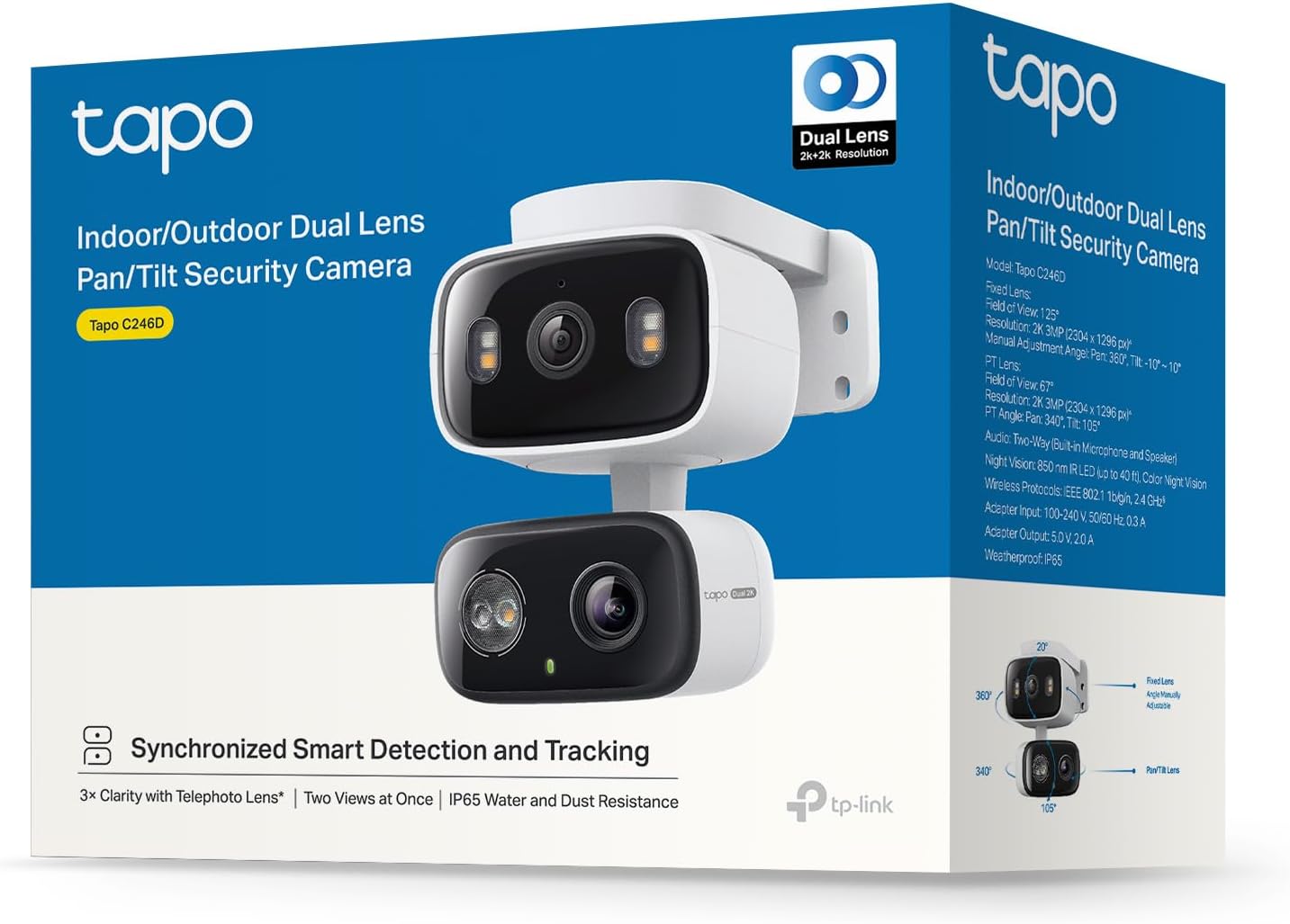 WiFi Outdoor Surveillance Camera with 2K Dual Lens, 125° Wide Angle & 6 mm Telephoto Lens, Smart Tracking, Free AI Detection, Night Vision