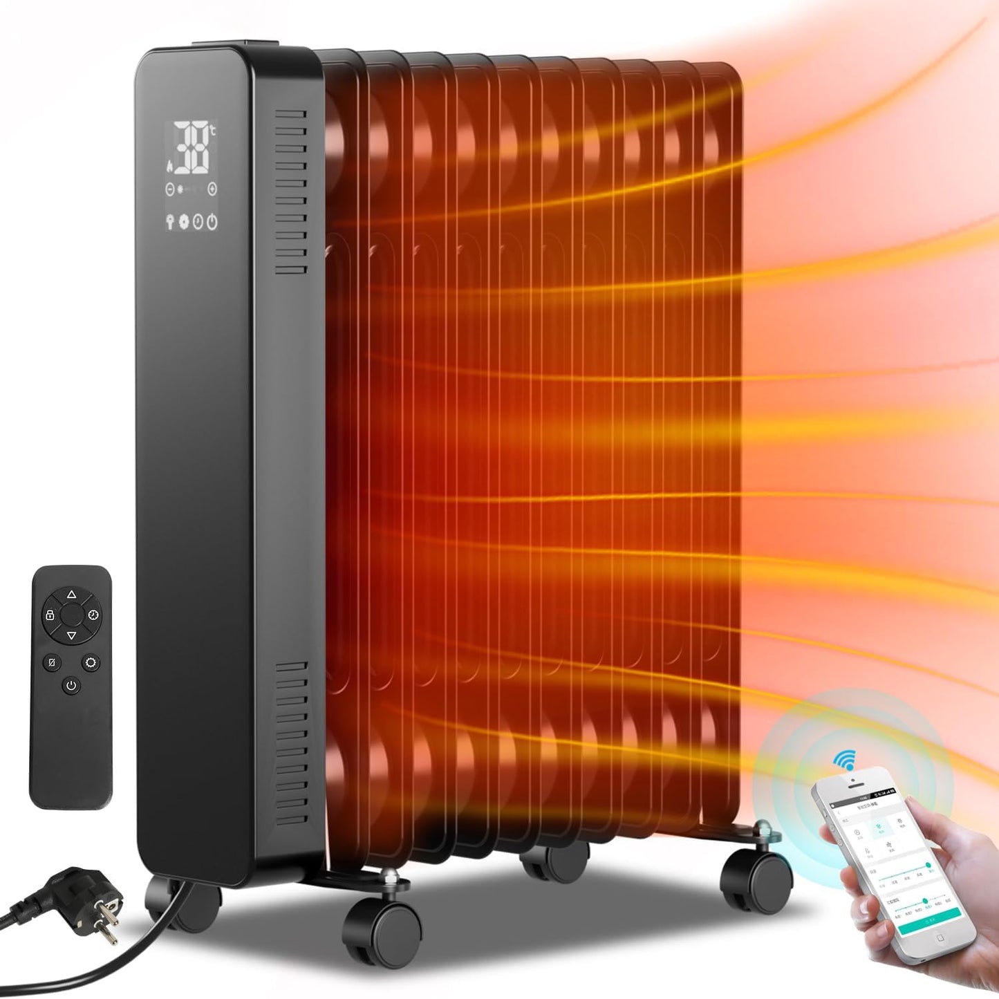 Heizung Fiqops Oil Radiator 2500 W, Energy Saving with 11 Ribs 3 Heat Settings, Thermostat, WiFi App & Remote Control, Digital Display