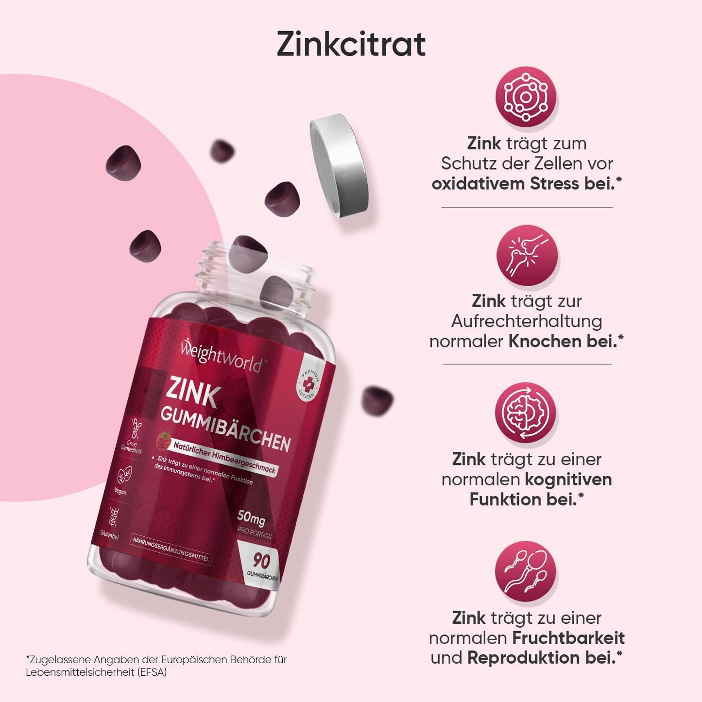 Zink Gummibärchen - Mit Himbeergeschmack - 90 vegane Zinkcitrat Gummies für 3 Monate Vorrat - Alternative zu Tabletten und Kapseln