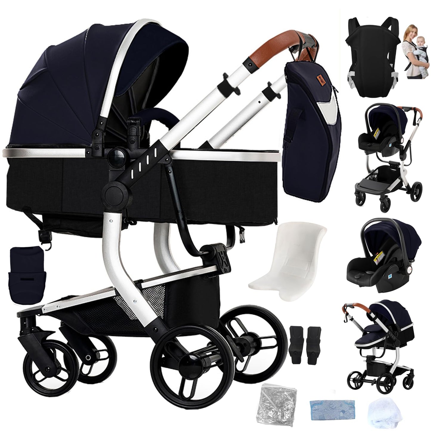 Reenborn 3-in-1 Pushchair, Buggy with Two Reversible Sliding Modes, Pushchair with Frame Aluminium Alloy, Baby Pram, 3-in-1 Complete Set with One-Click Folding Design