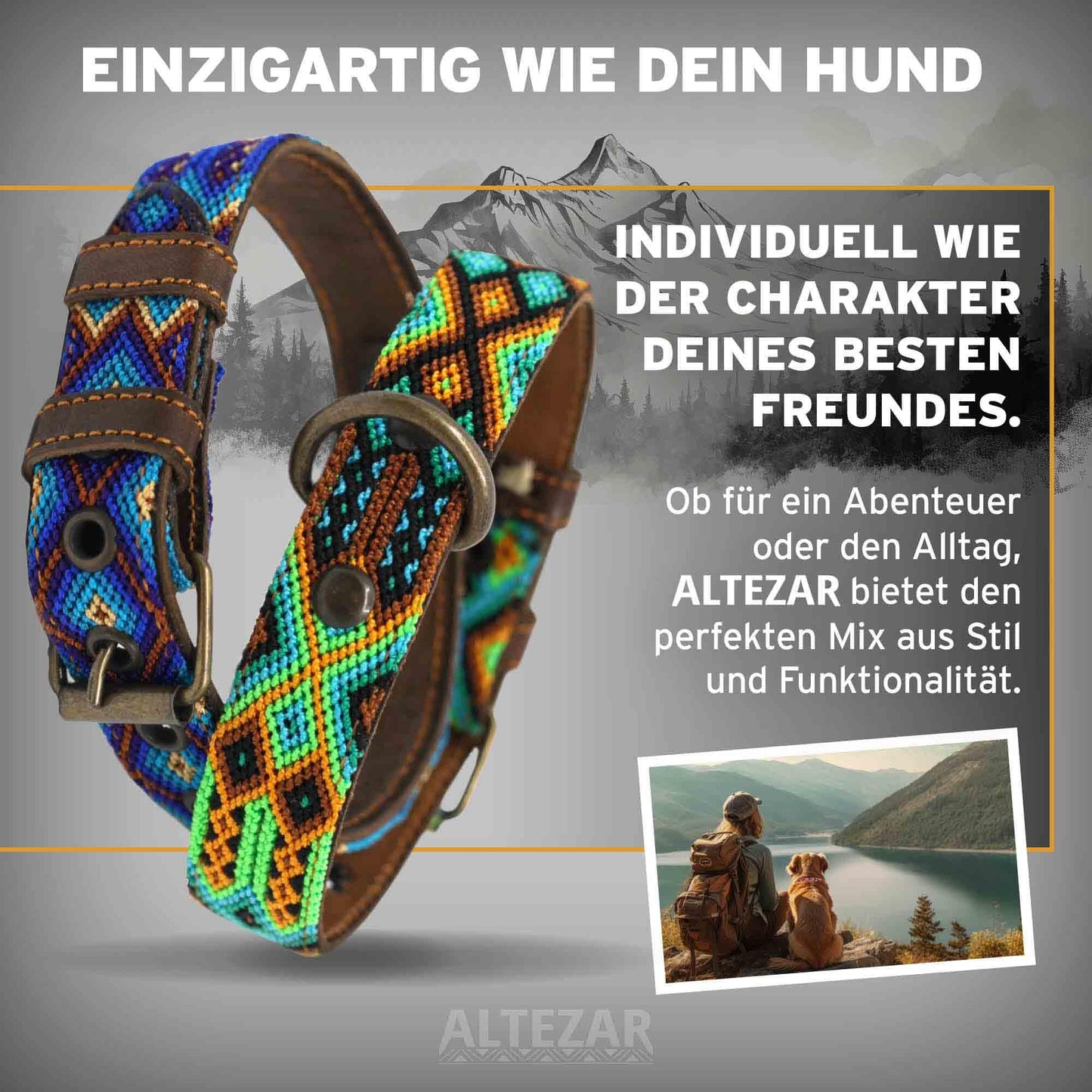 Hundehalsband Leder - braunes Rindsleder Tribal Grün/Braun/Beiges