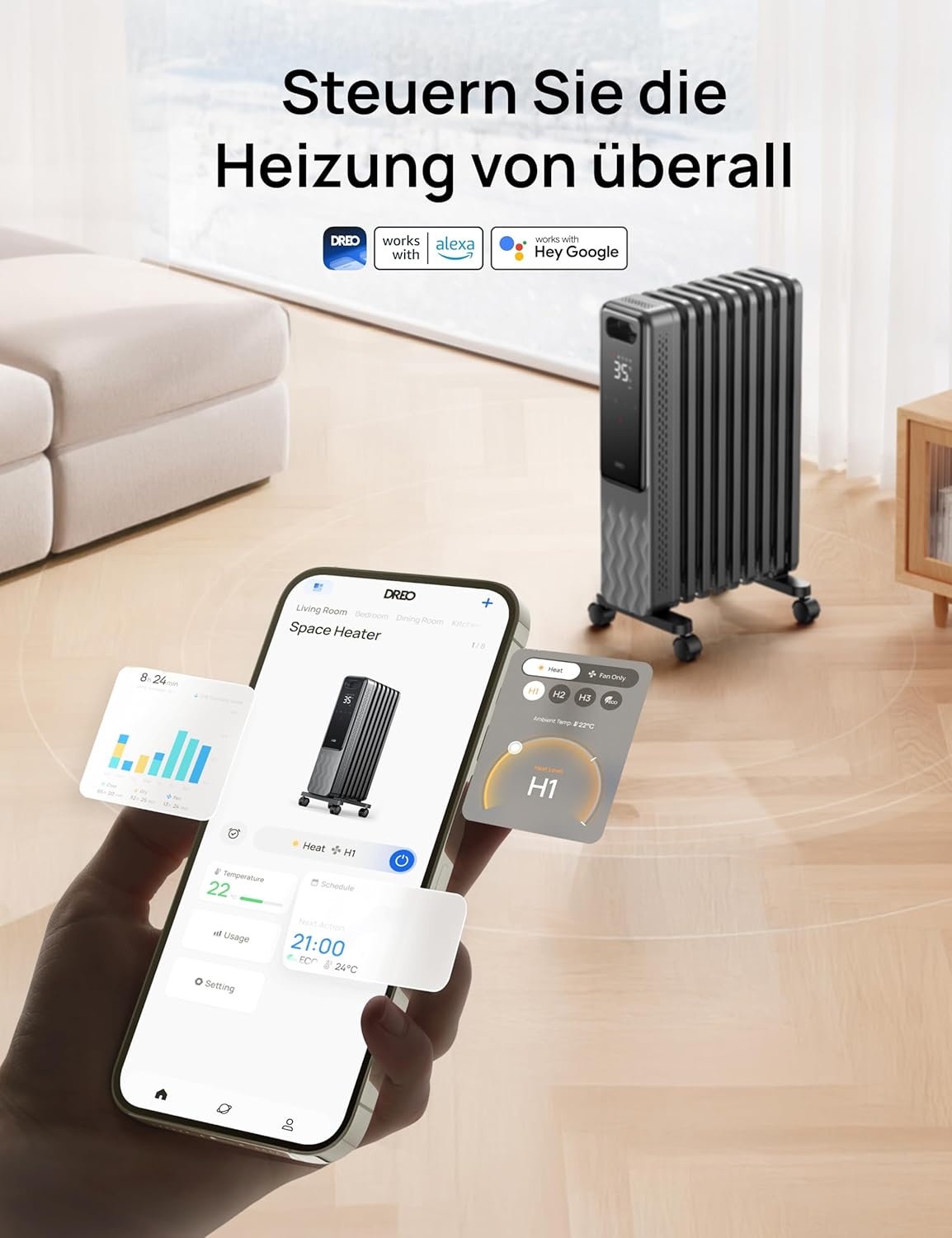 Radiator Heizung Energy Saving mit Thermostat 2000 W, Mobile Electric Heater