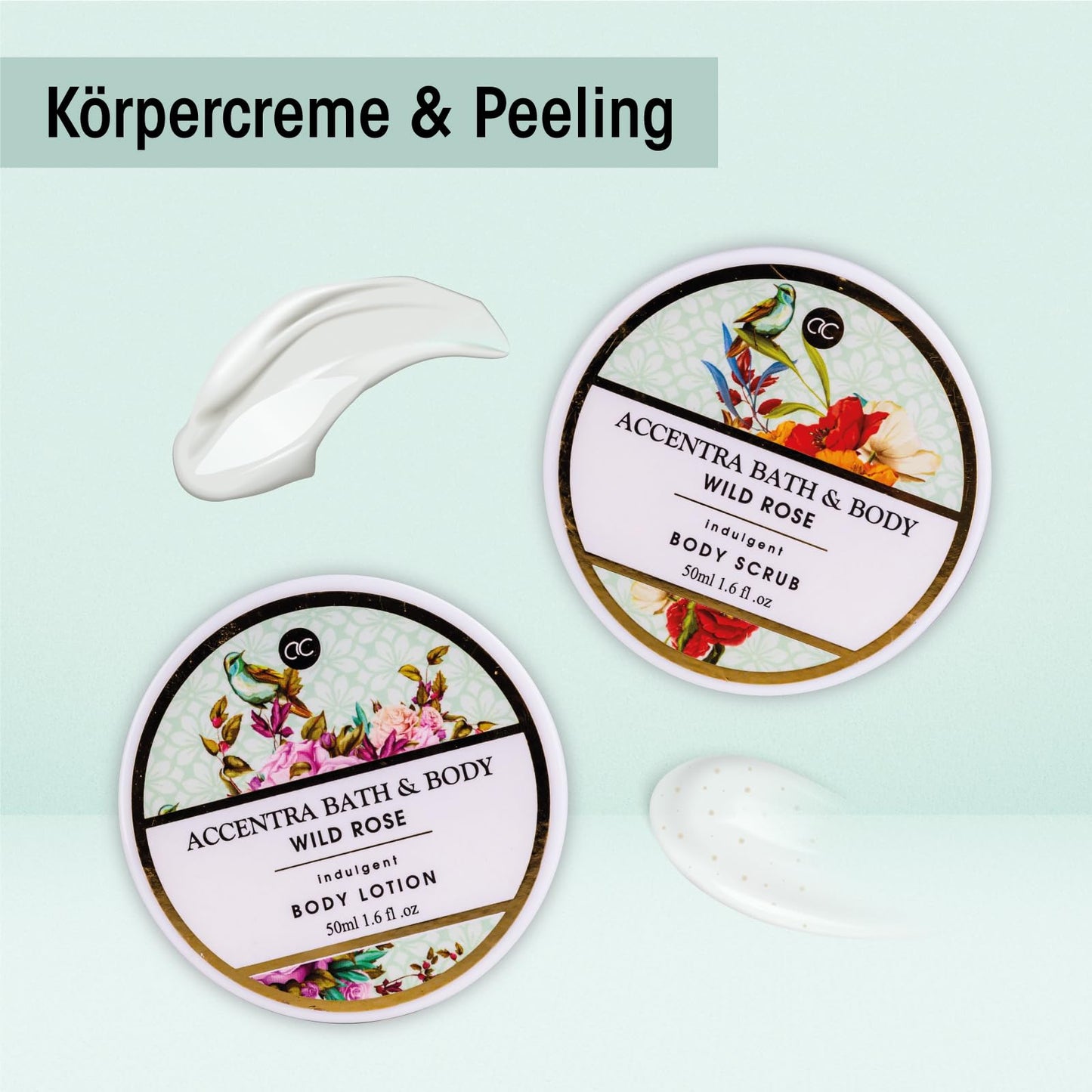 Accentra – Duschset Frauen Geschenkset im Holzkorb – 8-teiliges Pflegeset mit Duschgel, Bodylotion, Badezusätzen, Peeling & Handcreme – Wellness Geschenk Set