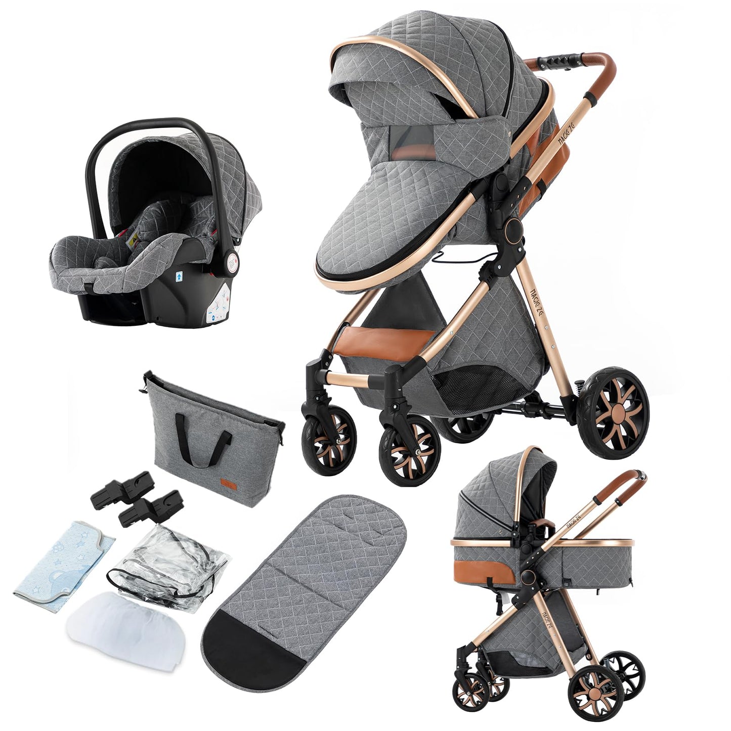 Reenborn 3-in-1 Pushchair, Buggy with Two Reversible Sliding Modes, Pushchair with Frame Aluminium Alloy, Baby Pram, 3-in-1 Complete Set with One-Click Folding Design
