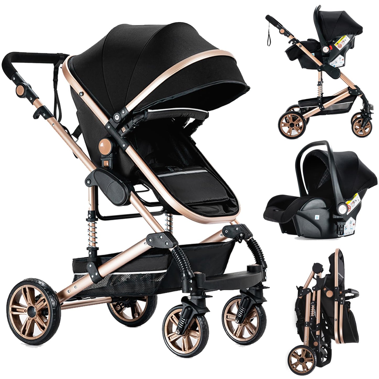 Reenborn 3-in-1 Pushchair, Buggy with Two Reversible Sliding Modes, Pushchair with Frame Aluminium Alloy, Baby Pram, 3-in-1 Complete Set with One-Click Folding Design